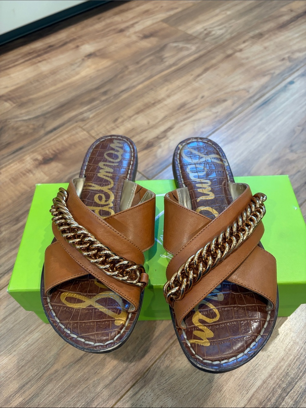 Sam Edelman Brown Leather Slide Sandals with Gold Chain